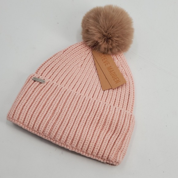 Steve Madden Accessories - Steve Madden Women's Wide Cuff Blush Pink Faux Fur Pom Beanie Hat One Size B10